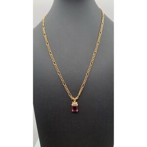 Vintage Dainty Gold Tone Unique Chain Link Necklace W Purple Rhinestone Pendant